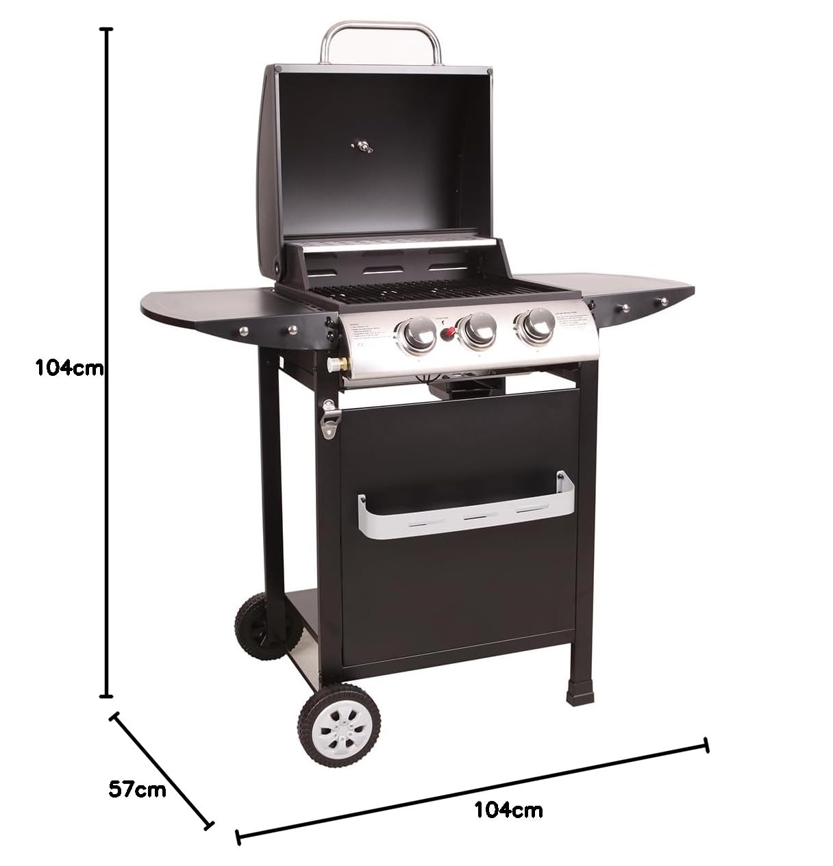 LOFOTEN - Barbecue Gaz 3 brûleurs - Puissance 8,4 kW - 106.5x57.5x104.5cm - Capot de fermeture avec thermomètre - 2 Grilles en acier chromé, 2 Etagères latérales, 1 Plateau bas - 2 Roues - Noir