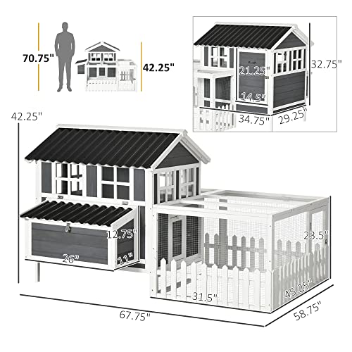 Pawhut Wooden Chicken Coop With Run For 4-6 Chickens, Hen House With Nesting Box, Removable Tray, Fence, Outdoor Poultry Cage, 68" X 59" X 42", Gray #TOP2