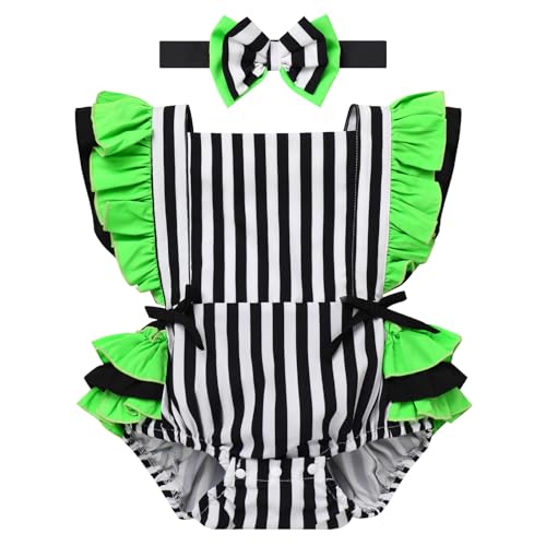 Baby Girls 1st Birthday Outfit Cow/Strawberry Print Romper Dress and Headband Cake Smash Clothes Black and white stripes 6-12 Months