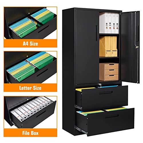 Zaous 15.7" D X 31.5" W X 71" H Metal Filing Storage Cabinet With Lock, File Cabinet With 2 Drawers, Storage Cabinet With File Cabinet For Home Office (Black, 2 Drawers) #TOP3