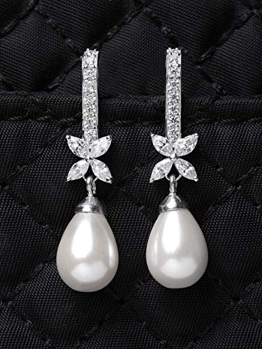 Image of CLARA 925 Sterling Silver Pearl Earrings | Rhodium Plated, Swiss Zirconia, Screw Back | Gift for Women & Girls