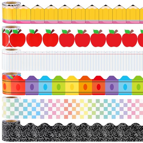 Gersoniel 6 Rolls 196.8 ft Back to School Bulletin Board Border Classroom Decorations Composition Pencil Crayon Apple Line Book Welcome Back Trim Border for School Classroom Decor