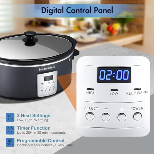 SpoonLemon 7QT Electric Slow Cooker with Digital Timer, 20H Programmable & 3 Heat Settings, Oval Ceramic Pot, Large Capacity for Family Dinner, Meal Prep, Compatible with 30 pcs 13\"x21\" Cooking Liners