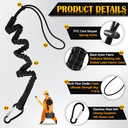 Image of LEIFIDE 16pcs Tool Lanyard Standard Length Safety Tool Leash 17.6lb 8kg Tough Adjustable Fall Protection Tether with Aluminum Screw Lock Buckle, Shock Cord Stopper and Retractable Loop End, Black