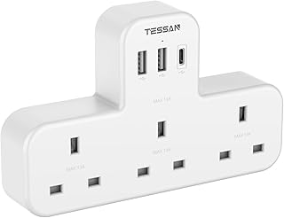 Plug Adapter, TESSAN Plug Extension Socket with 3 USB, 3 Way UK Multi Outlets Extender, Wall Charger for School Home, Kitchen, Office, School Supplies