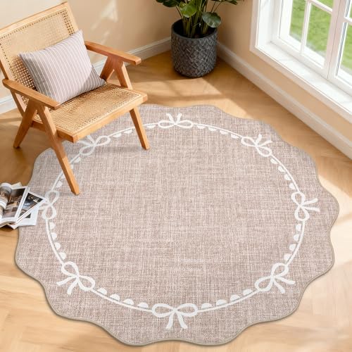 GarveeHome 4ft Round Rugs Washable Scalloped Bow Rug for Bedroom, Camel