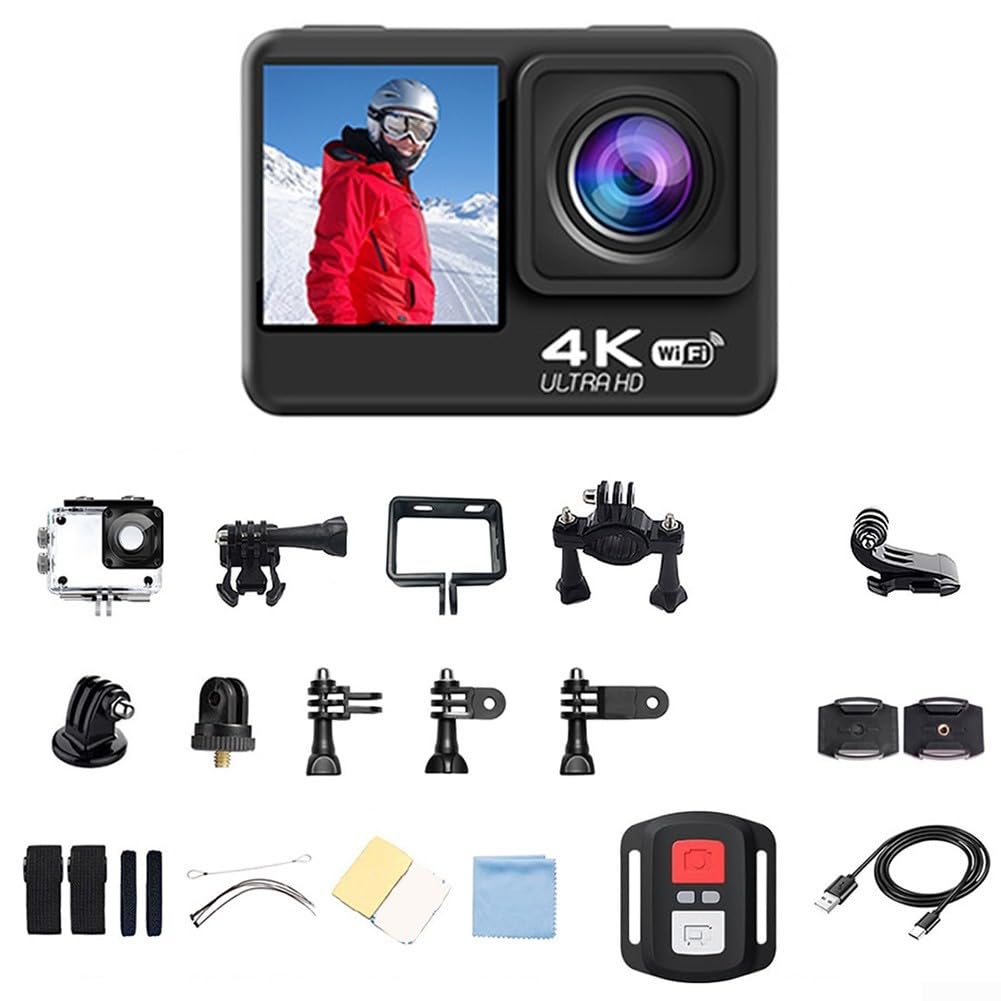 Per Ultra HD 4k Action Camera con Grandangolo Vista E Stabilizzazione Tech Dual Screen Funzionalità Per Avventure E Uso Auto Finitura Nero