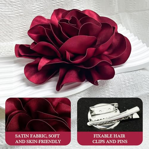 7.5in Extra Large Rose Brooch Valentine's Day Exquisite Shiny Satin Camellia Brooch Oversized Flower Brooch Lapel Pin,Suitable For Women Dance Banquet Wedding Hair Clothing Accessories (Wine Red)