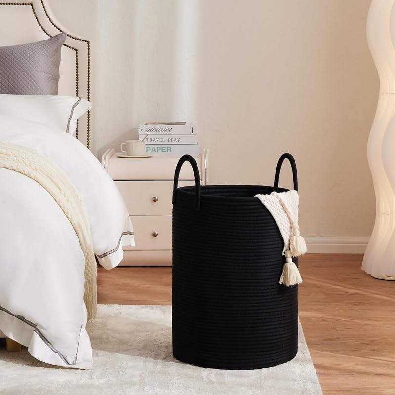 Image of Storage Cotton Rope Basket and Laundry Hamper for Dirty Clothes, Towels, Blankets, Pillows Storage in Living Room, Laundry Room and Bedroom (Black, 15x18 Inch)