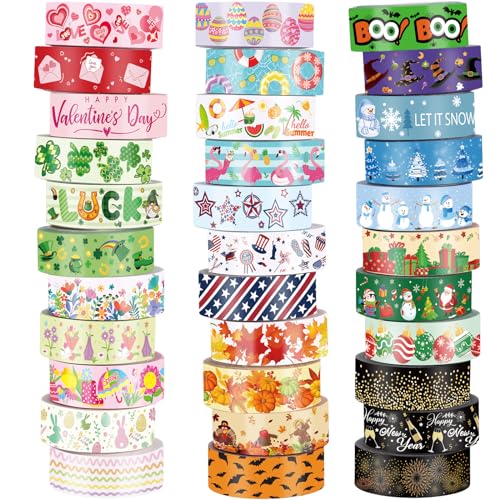 TaoBary 33 Rolls Washi Tape Set 15 mm Holiday Washi Tape Set Seasonal Plaid Bohemian Colorful Vintage Cute for Card Wrapping Craft(Festive Style)
