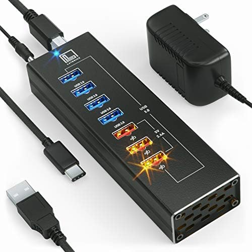 LATORICE Powered USB Hub - Multi-Port USB Hub with 7 USB 3.0 Ports, 3 Fast Charging USB 3 0 Ports, with Cords C and A, Power USB HUB Adapter