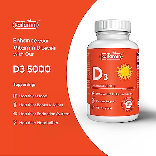 Kaitamin Vegetarian Vitamin D Supplement - 5000 Iu (125Mcg) Per Capsule (120 Capsules) For Immune, Endocrine, Bone And Joint Support, Mega Bottle 4 Months' Supply #TOP1