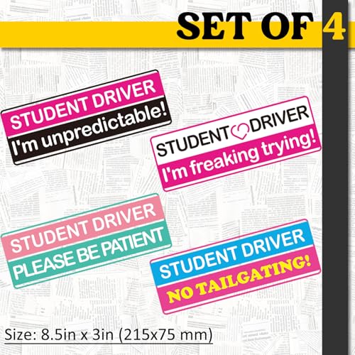 Image of 4-Pack Funny Student Driver Sticker (Non-Magnetic) for Car, Removable New Driver Car Decals for Bumper & Windows, Pink Rookie Safety Attention Sign -Please Be Patient- (Pink Colour Scheme -4 Pack)