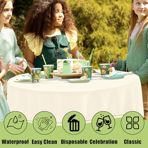 Image of Smiry Disposable Table Cloth - 6 Pack, 84 Inch Round Waterproof Tablecloths for Parties, Decorative Plastic Table Cover, Leakproof & Sturdy, Beige