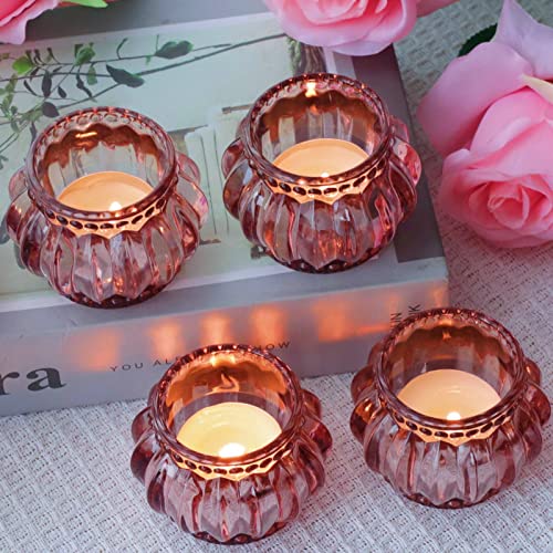 Woho Rose Gold Tealight Candle Holder Set of 6 for Valentines Day Decor, Glass Tea Lights Candle Holder for Wedding Party, Votive Candle Holders for Table Centerpiece