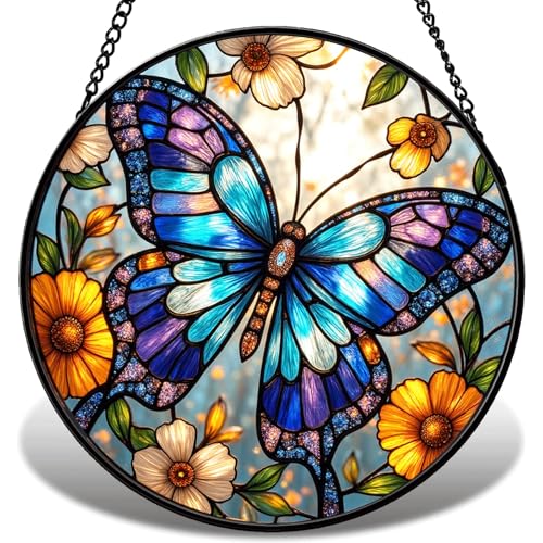 Butterfly Stained Glass Suncather for Window Hanging 6.3 Blue Butterfly Ornament Gift for Women Nature-Inspired Wall Art Home Decor Gifts for Mom Grandma Mothers Day (Blue 6.3)
