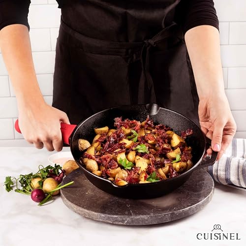 Image of Cast Iron Skillet - 10 inch-Inch Frying Pan with Pour Spouts + Pan Scraper + Silicone Grip Handle Cover Holder - Pre-Seasoned Oven Cookware - Indoor /Outdoor Use - Stovetop, Induction. PFAS and PFOA-free