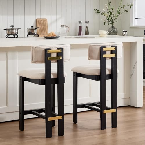 Image of BESTANO 26 inch Counter Stools Set of 2 Counter Height Bar Stools with Back and Black Solid Wood Legs Modern Farmhouse Linen Upholstered Kitchen Bar Stools Countertop Bar Chairs, Beige