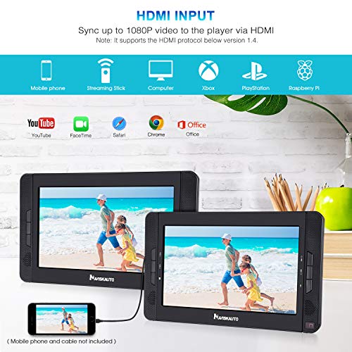 NAVISKAUTO 10.5" Dual Screen DVD Player with HDMI Input, Portable DVD Player for Car with Headphones and 5-Hour Rechargeable Battery(Host DVD Player+ Slave Monitor)