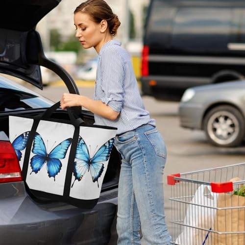 Large Insulated Tote Bag Three Blue Butterflies for Grocery Shopping Reusable Tote Bags for Women Men, Cooler Bag with Zippered Top & Handles for Beach Picnic Travel4