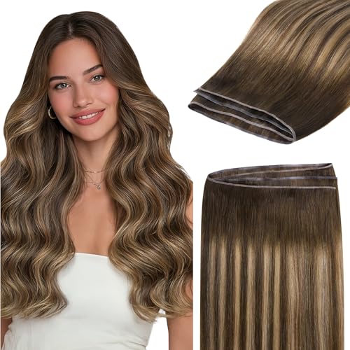 Image of GOO GOO Genius Narrow Edge PU Weft Hair Extensions Human Hair, Invisible Sew in Hair Extensions Human Hair, 4 /27 /4 Balayage Chocolate Brown to Caramel Blonde 20 Inch 120g, Seamless Soft Lightweight