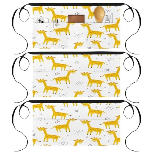 Tabliers courts de chef (lot de 3) avec 3 poches pour cuisine et bistrot motif girafe