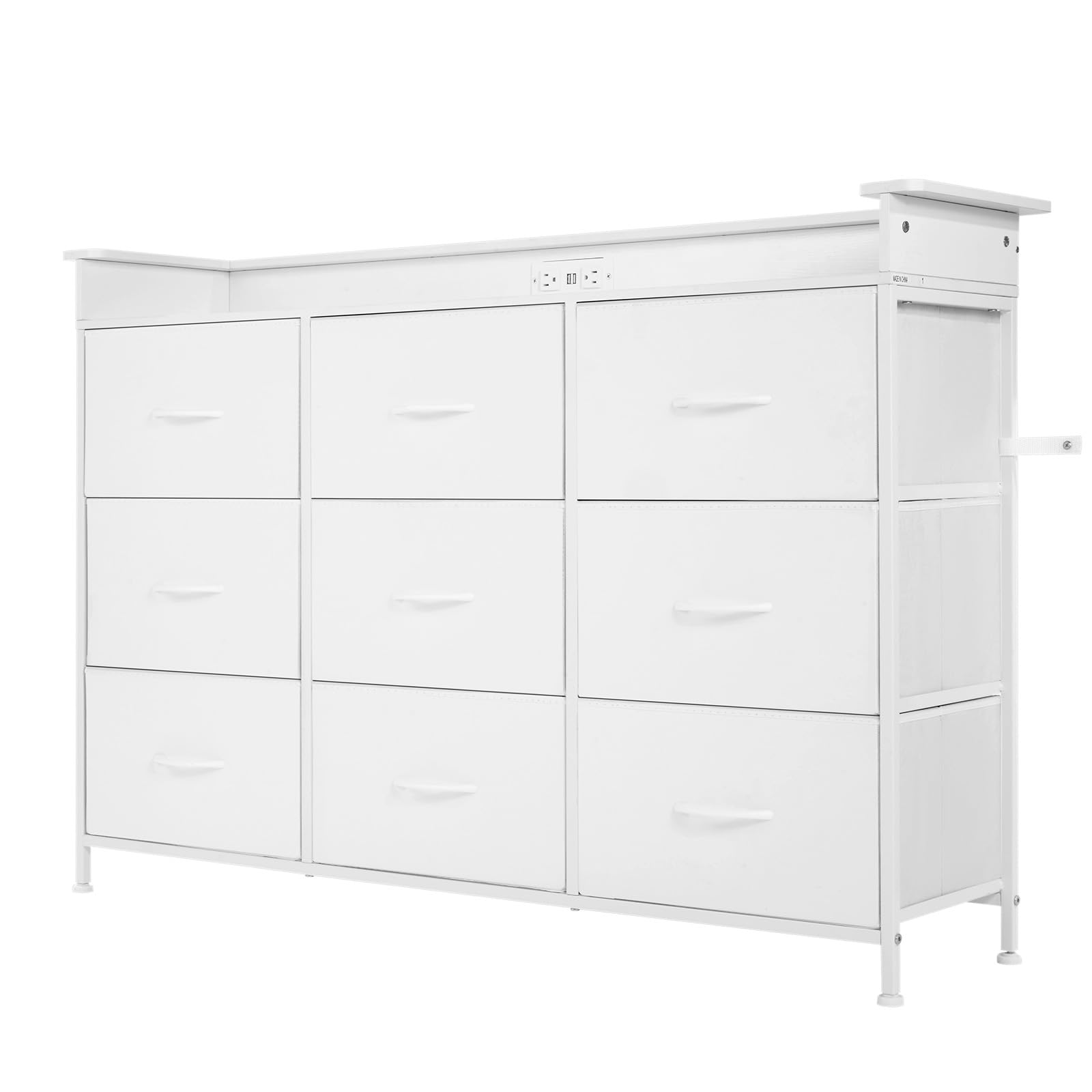 VEVOR Commode Haute en Tissu à 9 tiroirs, Meuble de Rangement avec bacs Tissu, tiroir de Rangement pour Placard, Cadre en métal Robuste, lumières LED et Prise intégrée, pour Chambre, Couloir, Blanc