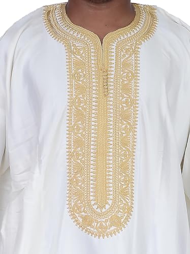 Treasures Of Morocco Moroccan Men Kaftan Handmade Thobe Long Gown White With Delicate Embroidery2