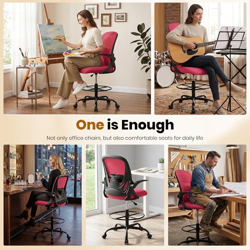 Image of Primy Drafting Chair Tall Office Chair with Flip-up Armrests Executive Ergonomic Computer Standing Desk Chair with Lumbar Support and Adjustable Footrest Ring (Fire Brick)
