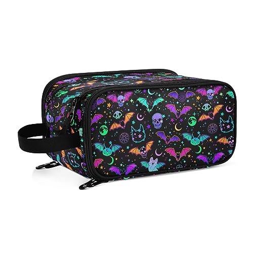 Image of Large Makeup Bag Makeup Organiser, Makeup Travel Bag Make Up Bag Cosmetic Toiletry Bag Gothic Bats Moons and Stars Makeup Storage Vanity Cases with Makeup Brush Holder for Women Girls Ladies