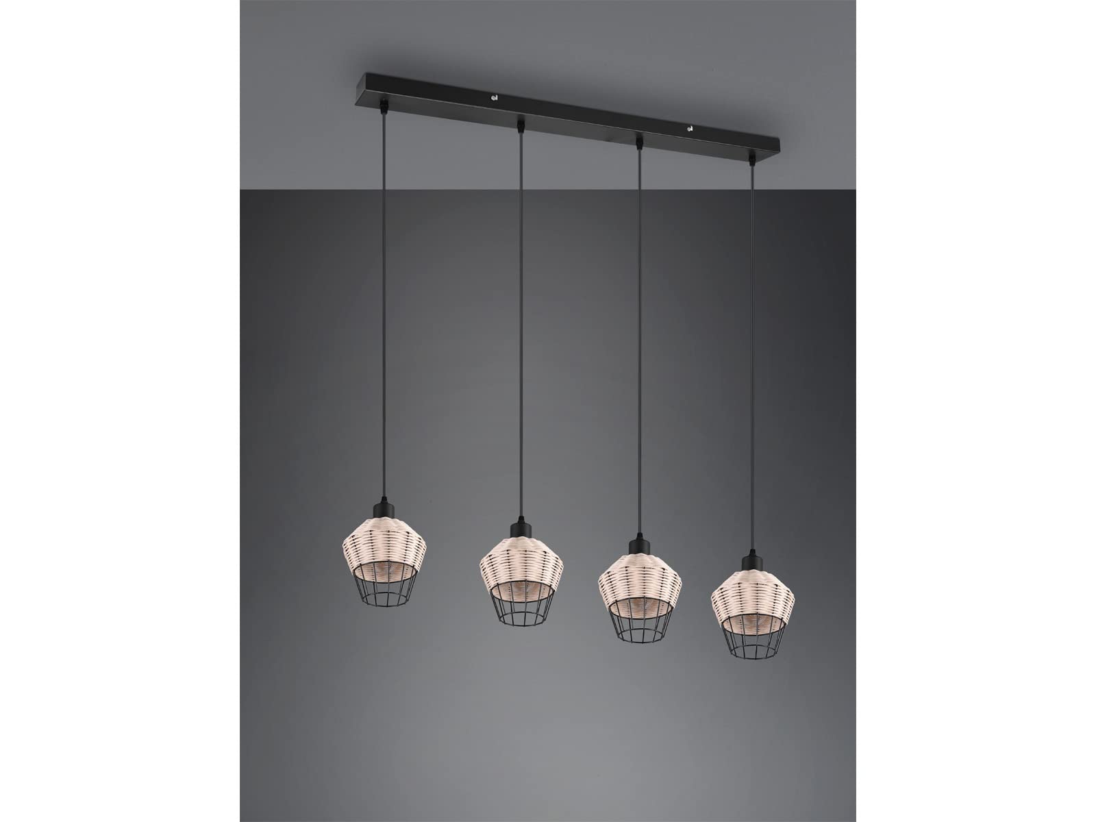 Lampa wisząca LED, czarna, rattanowa, naturalna, 4 źródła światła