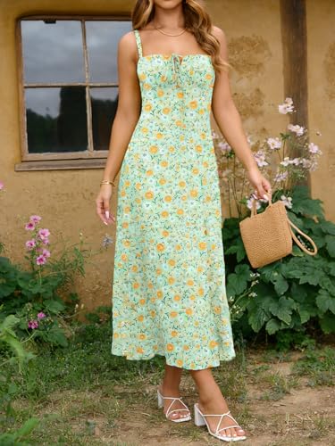 Image of YATHON Women's Summer Midi Corset Boho Dresses Spring Casual Floral Spaghetti Straps Lace Up Dress Flowy Aline Beach Sundress