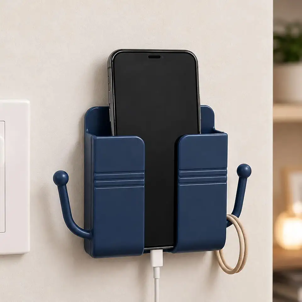 1PC, Side Hooks Blue Wall Mount Phone Holder, Storage Box