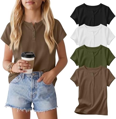 LessonZoo 4 Pack Girls' T-Shirts Teen Henley Tops, 4-Color Set, 5-6 Years