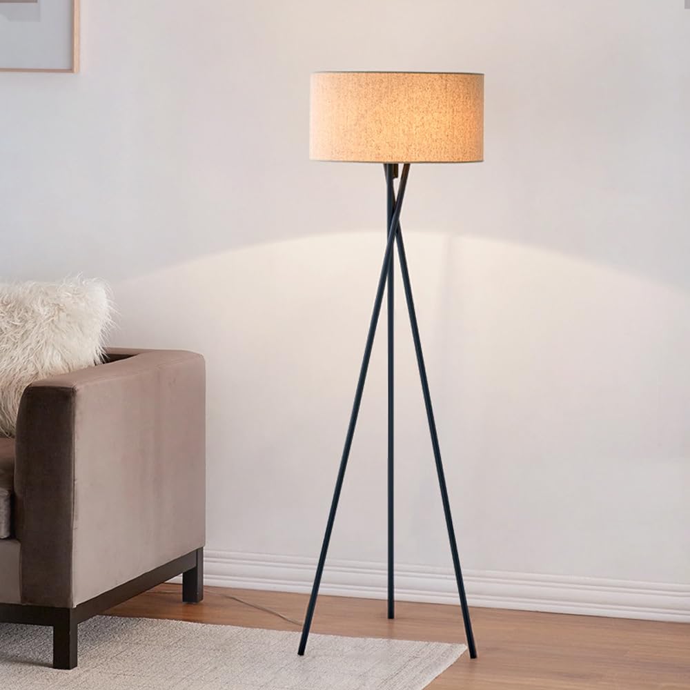 Okrągła, lniana lampa podłogowa na statywie w stylu połowy wieku, 160 cm, z czarnego żelaza, z obrotową tkaniną, trzonkiem E26, ściemniana, idealna do salonu, sypialni, biura lub sofy.