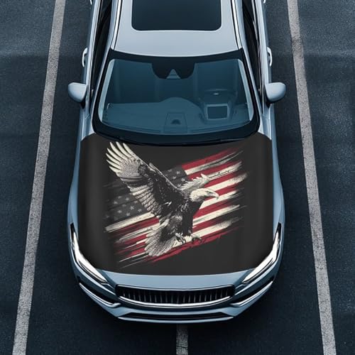Image of Eagle American Flag Print Car Hood Cover 59x39 Inch Auto Hood Wrap Blankets Stretchable Waterproof Automotive Exterior Accessories for Compact Sedans SUVs Trucks Vans