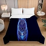 Chickwin Colcha de Verano Cubrecama Colcha Bouti, 3D Clásico Lobo Estampada Edredón Manta de Dormitorio Suave Multiuso Colchas para Cama Infantil Individual Matrimonio (150x200cm,Lobo Azul)