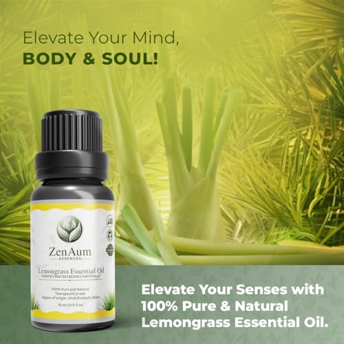 Image of ZenAum Essences 100% Pure Lemongrass Essential Oil | Refreshing & Uplifting | Anti-Fungal, Stress Relief & Muscle Relaxation | Diffuser & Massage Use| GMP, IFRA, ISO Certified- 15ml - Pack of 2