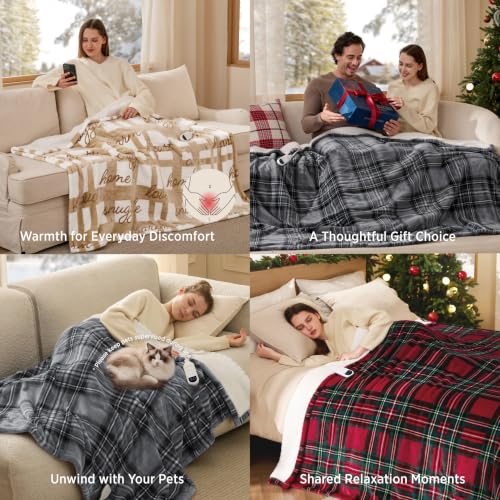 Image of Bedsure Blue Plaid Heated Throw Blanket, Flannel Sherpa Electric Blanket