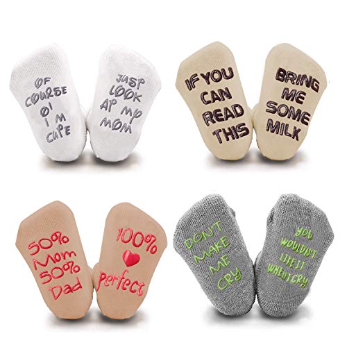 Unique Baby Socks Gift Set -Newborn Present or Baby Shower Gift -4 Pairs Unisex Anti-skid Quote Cute Socks 0-12 Months (0-12 Months)