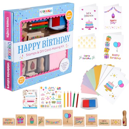 Birthday Card Making Kit -11 Reuseable Wooden Stamps & Ink Pad 12 Blank Cards with Colorful envelopes 1 Sheet of Birthday Stickers and 5 Color Pencils Ages 4+