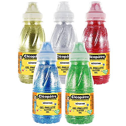 Cléopâtre - GP250x5A - Gel Pailleté - Lot de 5 Flacons 250 ml Or/Argent/Vert/Rouge/Bleu