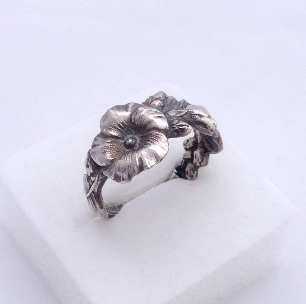 Sterling Silver Spoon Ring Hollyhock, Handmade floral Jewelry