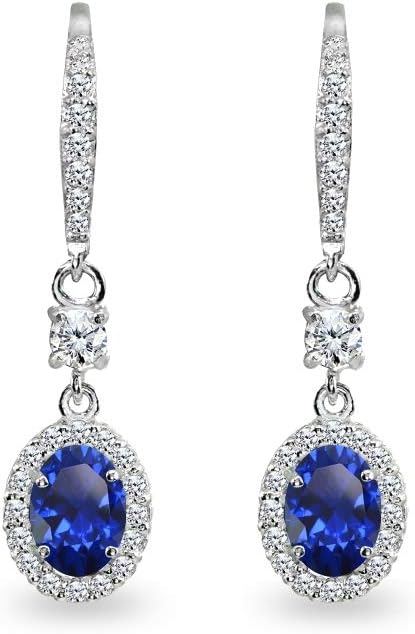 Sterling Silver Genuine or Synthetic Gemstone 7x5mm Oval-Cut Halo Dangle Leverback Earrings - Image 6