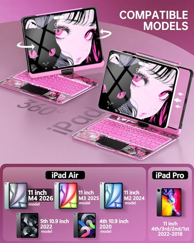 Image of Intermerge Transparent Case with Keyboard for iPad Air 11 inch(M4 / M3 / M2, 2026 /2025 / 2024), Air 5th /4th, Pro 11 inch 2022-2018, 360 Swivel Multi-Touch Trackpad, 7-Color Backlit, Pencil Holder, Blush Pulse