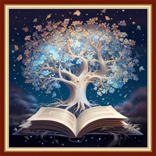 Image of Disxvivy Cross Stitch Stamped Full Embroidery Kits DIY 11CT Cotton Thread Printed DIY Needlepoint Kits Craft Needlework Set Cross-Stitch Stamped Sets-White Tree Book 18x18 inch