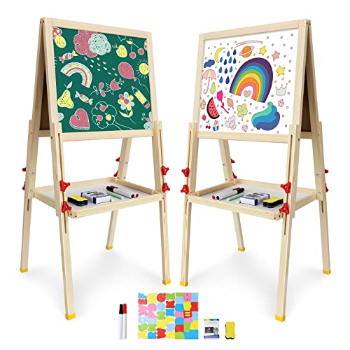 Wyzkyz Caballete de madera para niños, pizarra blanca magnética de doble cara, con estante de almacenamiento, altura regulable Cover