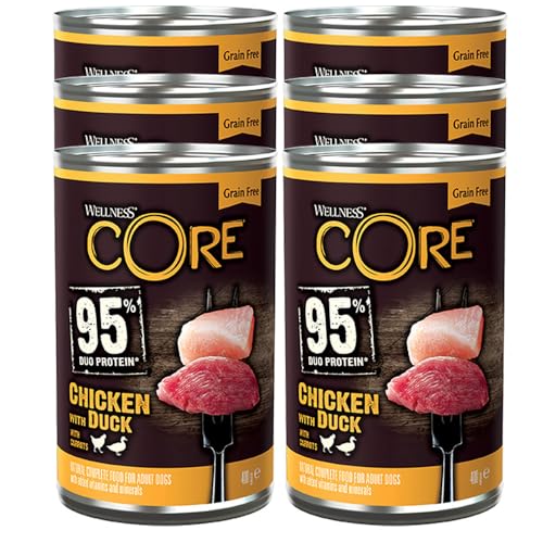 Wellness CORE 95% 6 x 400g, Poulet/Canard – Pâtée pour Chiens Adultes, 100% Naturelles, sans Céréales, Hypoallergénique, Riche en Viande