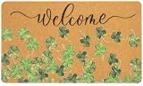 Lucky Clover Welcome Door Mat Outside Entrance, Faux-Coir Green Shamrock Thin Doormat, St. Patricks Day Decoration Outdoor Porch-Rug 17'X30' Non-Slip Dirt-Trapping for Home Garden Farm Spring Decor