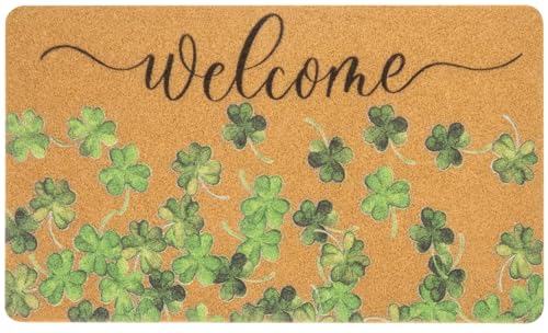 Bawnhaw Tapete de bienvenida con trébol de la suerte verde para primavera, día de San Patricio, 4 hojas, 43 x 76 cm, fibra de coco sintética, antideslizante, atrapa la suciedad, para porche, hogar,
